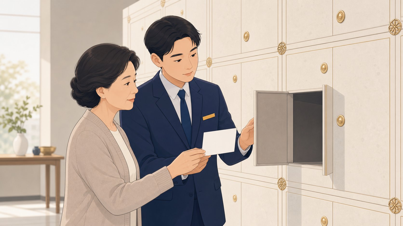 봉안당 안치단 앞에서 작은 사진 카드를 구획 크기에 맞춰 대어 보는 유족과 안내 직원