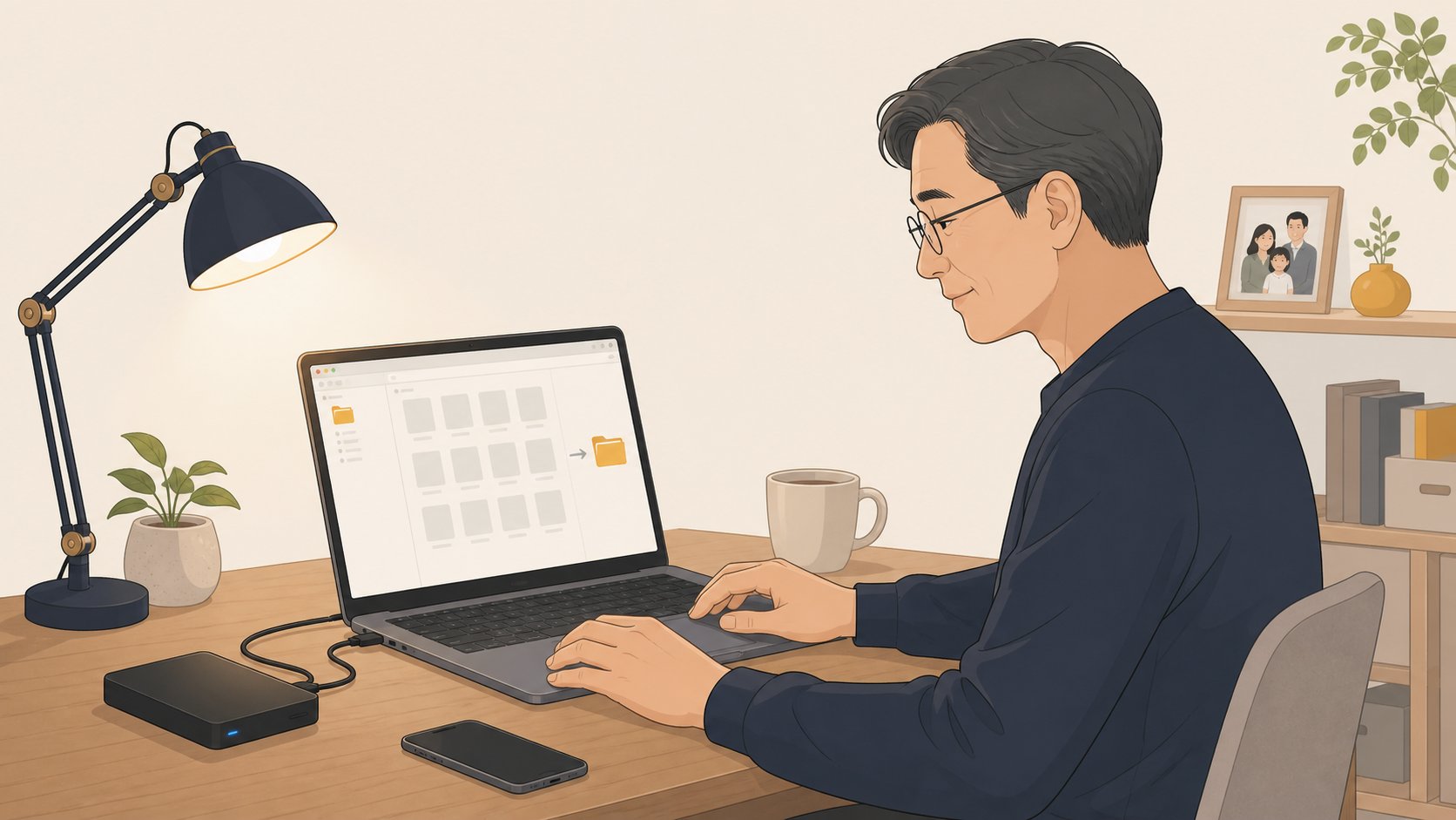 책상에서 노트북으로 사진 파일을 폴더에 정리하는 중년 남성과 옆에 놓인 외장하드