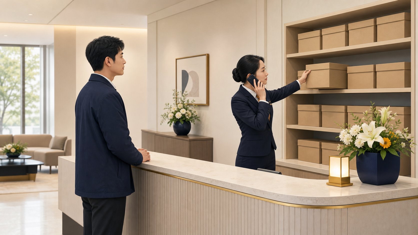 장례식장 안내데스크에서 보관 선반의 유족 물품을 확인하며 통화하는 직원과 기다리는 상주