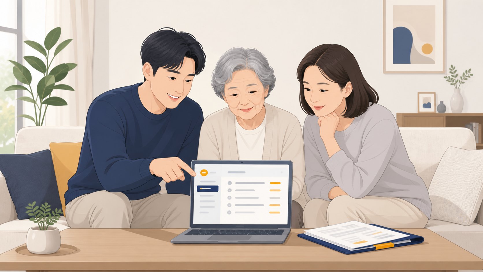 거실 소파에 앉아 노트북 화면의 조회 결과 목록을 함께 살펴보는 가족