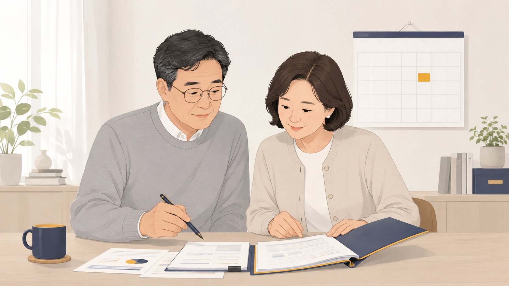 서재 책상에서 서류철과 달력을 놓고 남은 기한을 확인하는 중년 부부