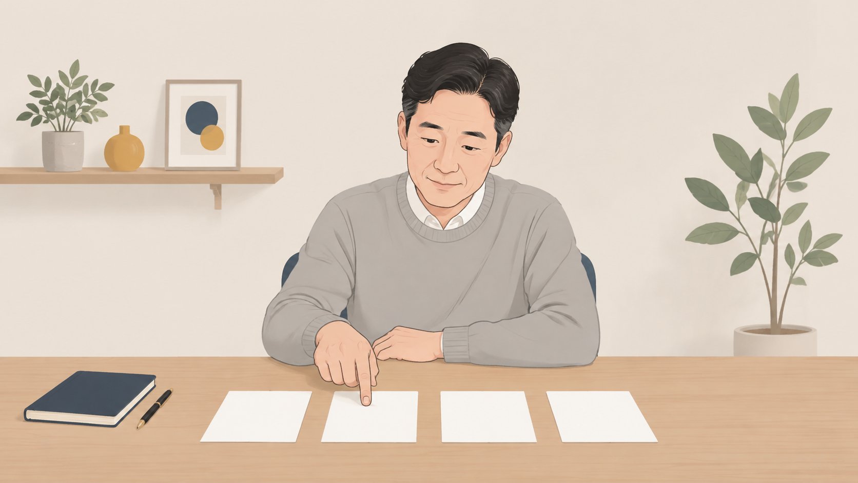책상 위에 네 장의 카드를 늘어놓고 하나를 손으로 짚어 비교하는 중년 남성