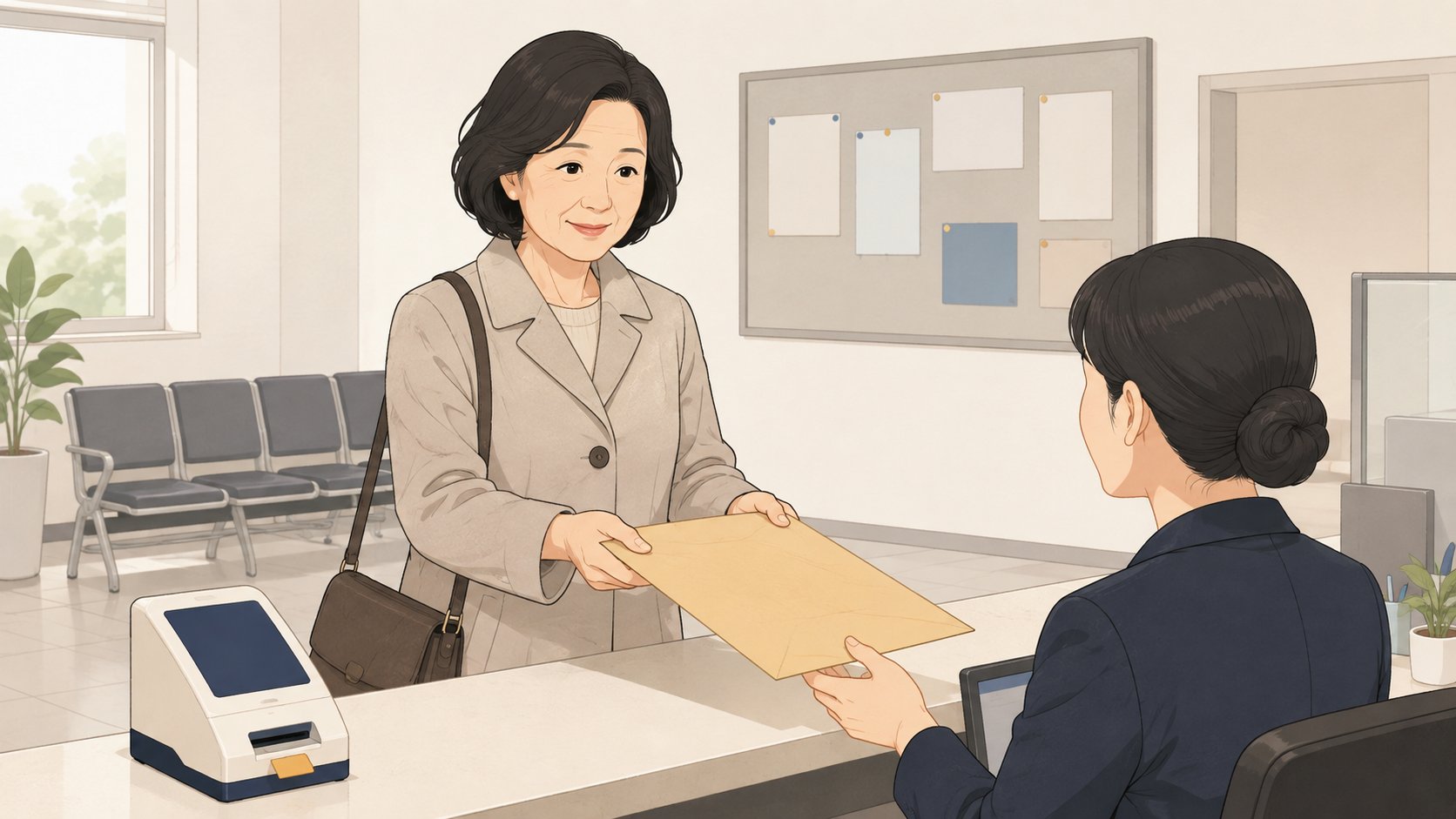 법원 민원실 접수창구에서 서류 봉투를 직원에게 건네는 중년 여성