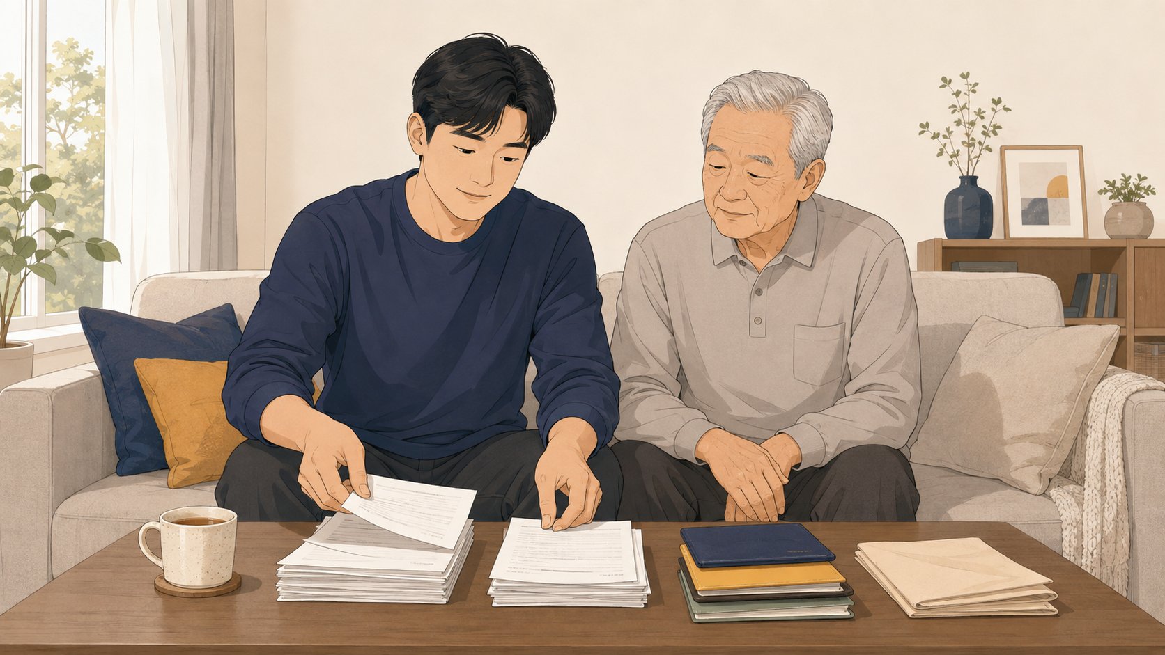 거실 소파에서 아버지 옆에 앉아 통장과 서류를 정리하는 성인 아들