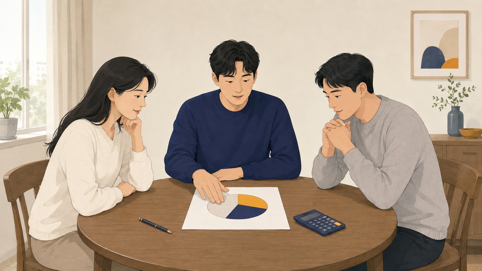 식탁에 둘러앉아 한 장의 종이를 가운데 두고 상속 몫을 상의하는 삼 남매