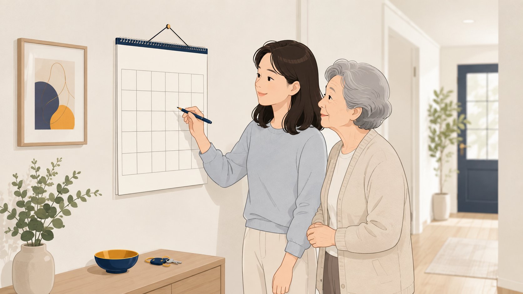 복도 벽걸이 달력에 날짜를 표시하는 성인 딸과 옆에서 지켜보는 노년 어머니