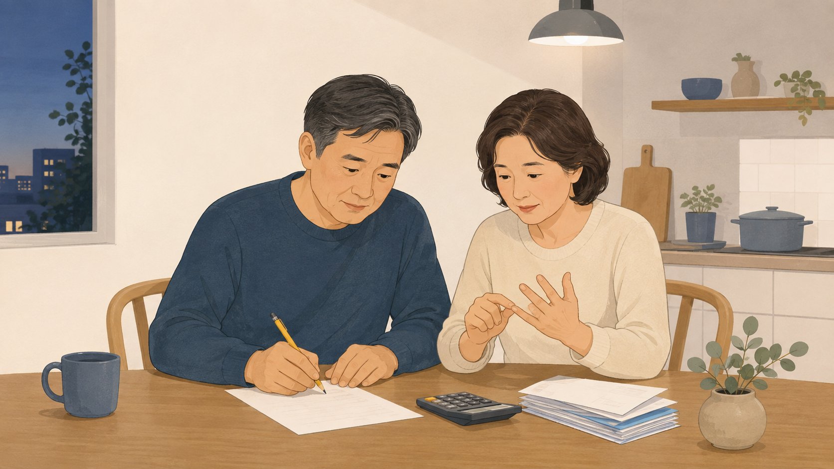 저녁 식탁에서 종이에 숫자를 적어 가며 공제 항목을 하나씩 헤아려 보는 중년 부부