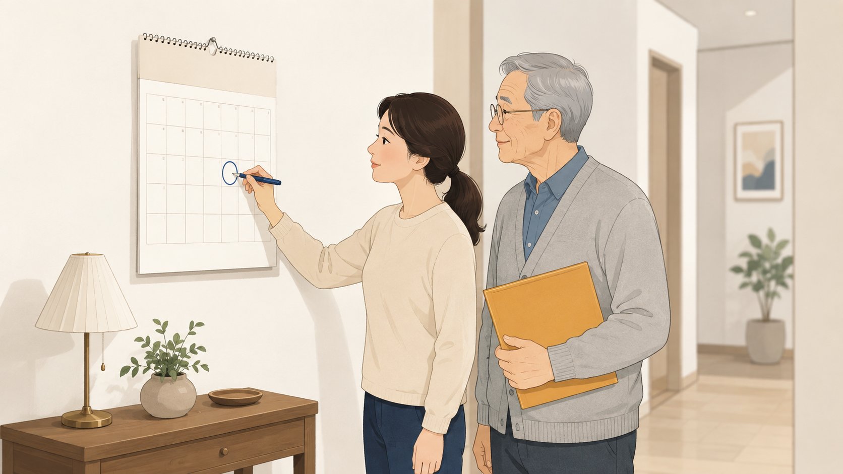 복도 벽걸이 달력에 상속세 신고 기한을 표시하는 성인 딸과 서류철을 들고 지켜보는 노년 아버지