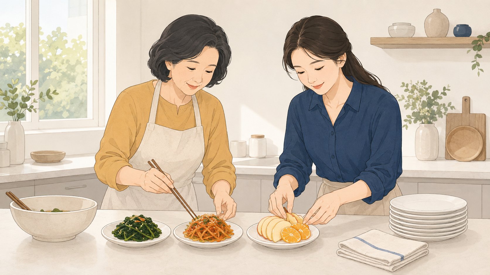 밝은 부엌 조리대에서 삼색나물과 썬 과일을 흰 접시에 나누어 담으며 상차림을 준비하는 중년 여성과 성인 딸
