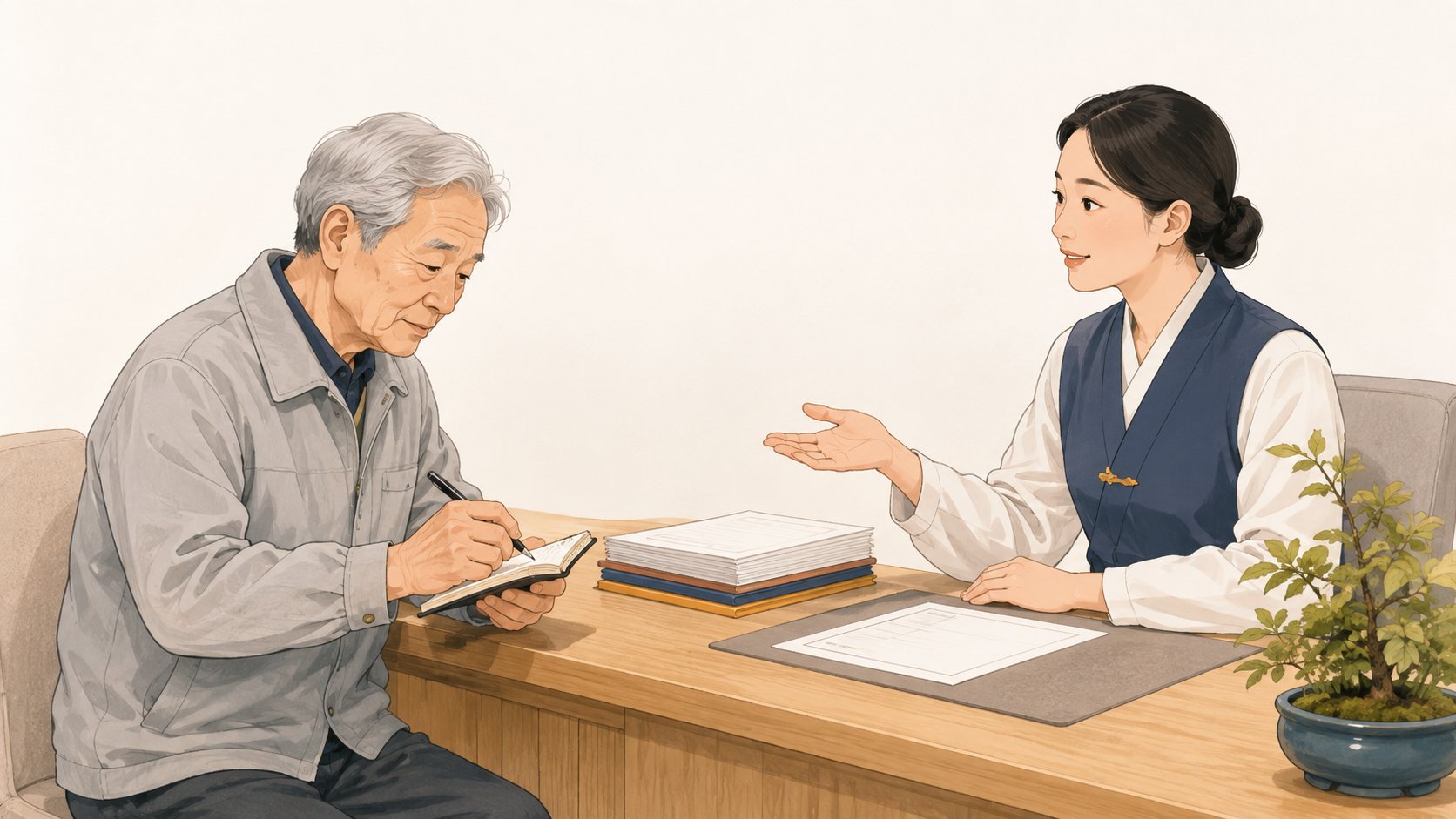 사찰 종무소 나무 창구에서 직원의 안내를 들으며 수첩에 내용을 적는 노년 남성