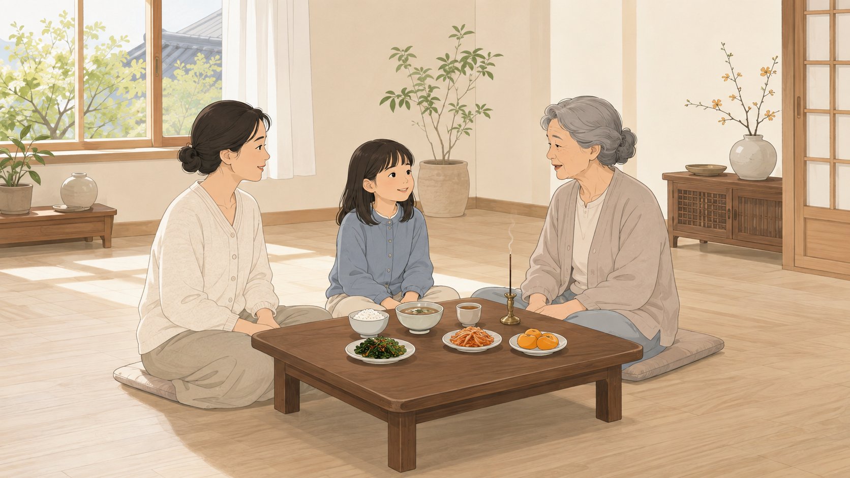 거실 낮은 상에 밥과 국, 나물과 과일을 단출하게 올려 두고 둘러앉아 이야기를 나누는 삼대 가족