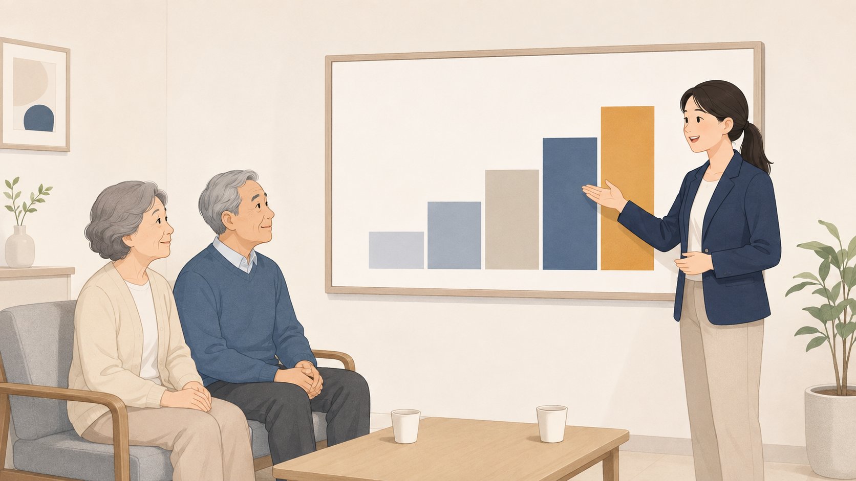 상담실 벽 도표의 다섯 단계 막대 그래프를 손으로 가리키며 설명하는 직원과 앉아서 듣는 노년 부부