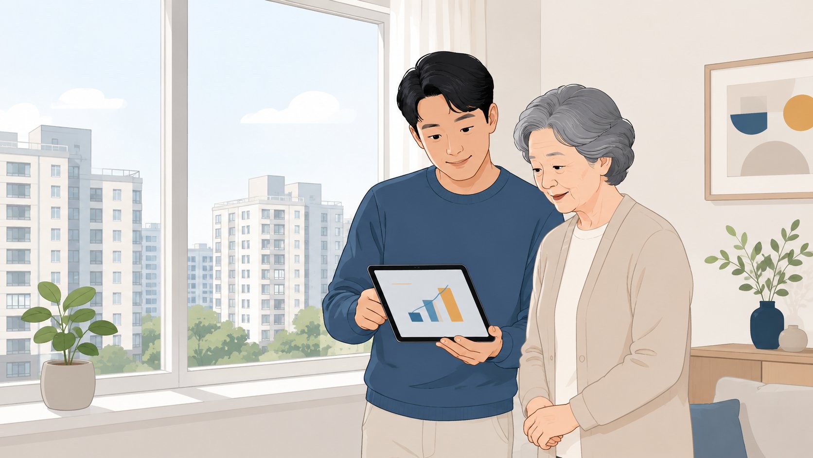 아파트 단지가 보이는 창가에서 태블릿으로 부동산 시세 자료를 함께 확인하는 성인 아들과 노년 어머니