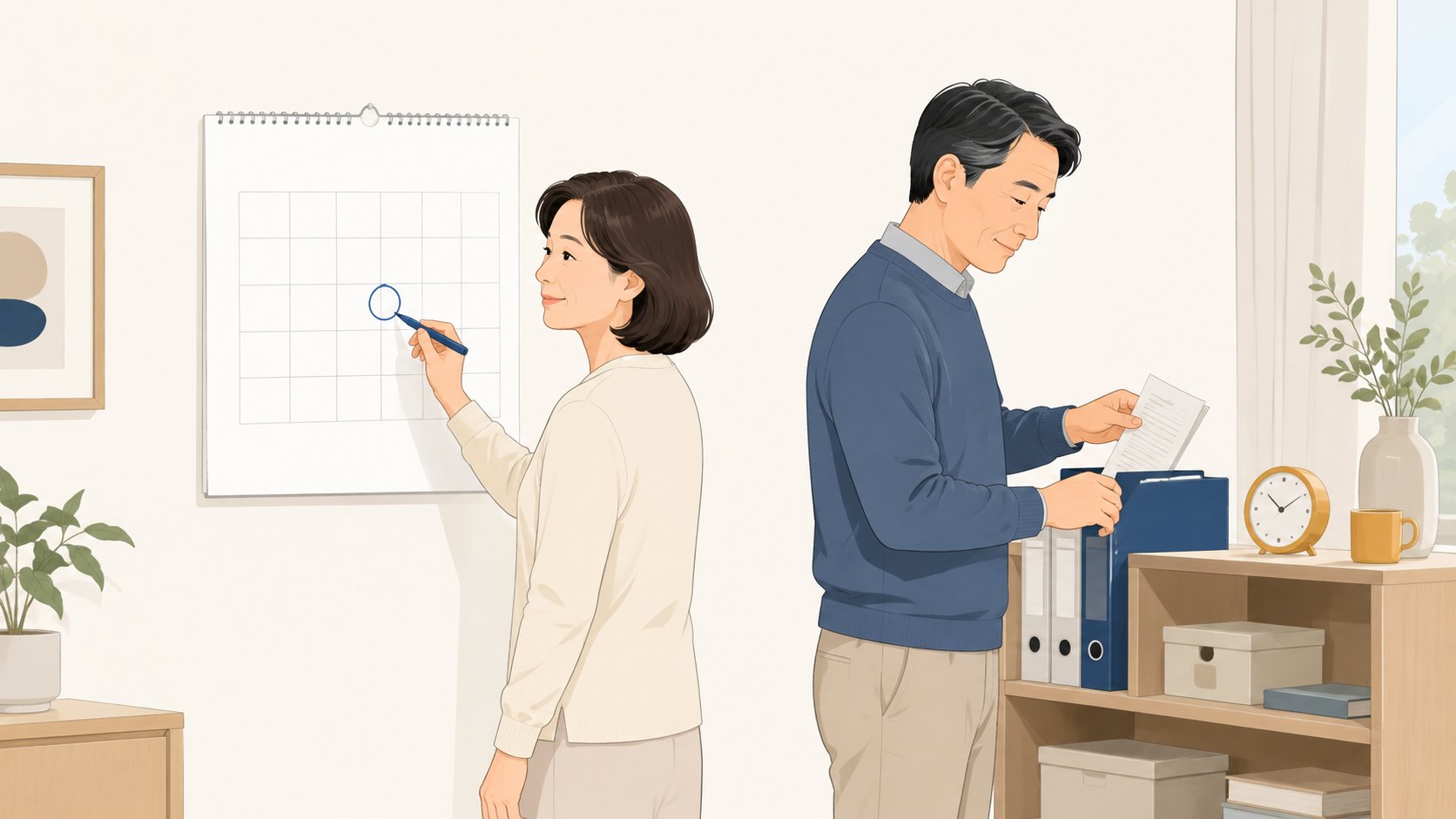 벽걸이 달력에 신고 기한을 동그라미로 표시하는 아내와 옆에서 서류를 바인더에 정리하는 남편