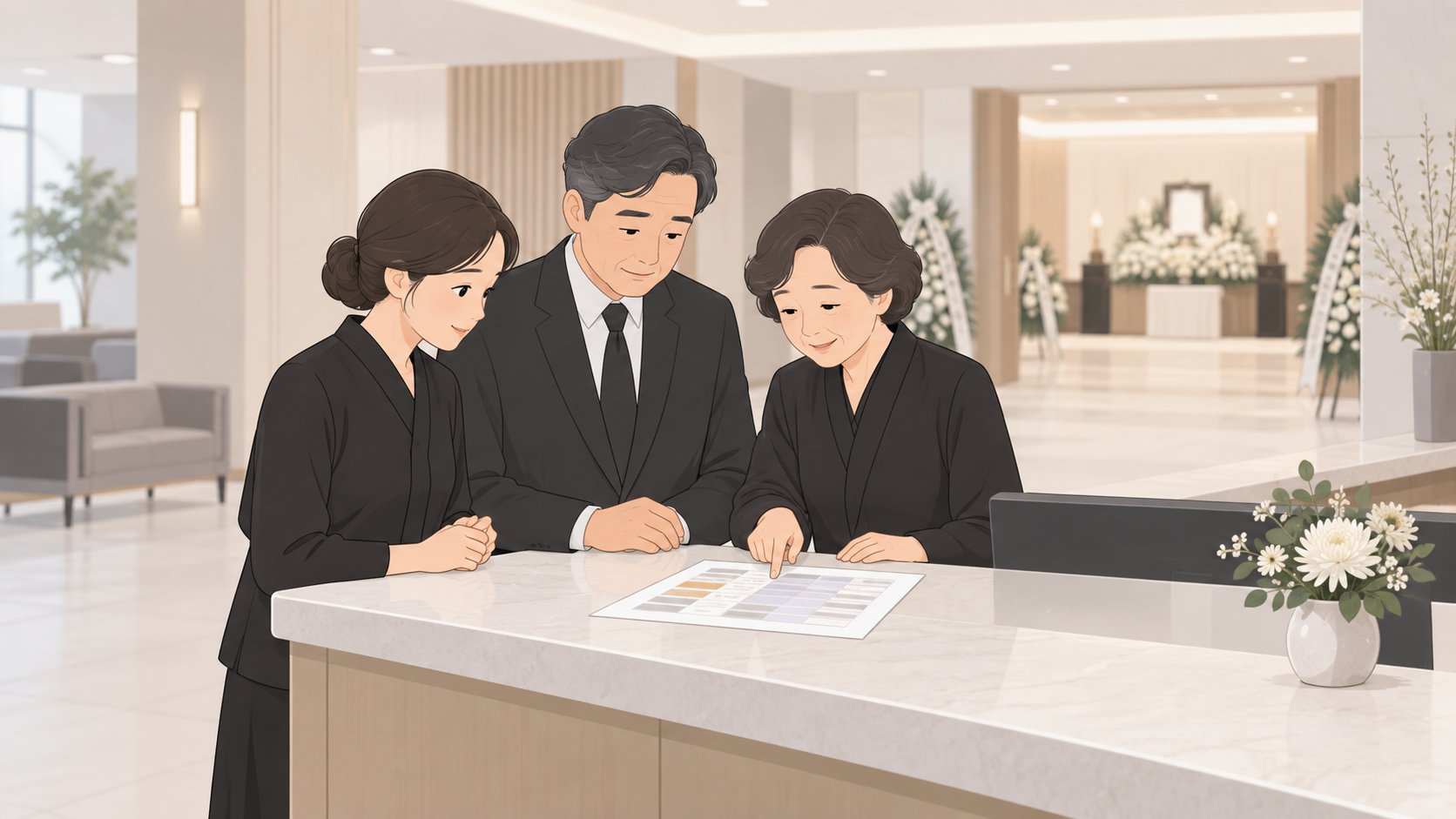 장례식장 안내데스크에서 사위와 처가 가족이 장례 일정을 상의하는 장면