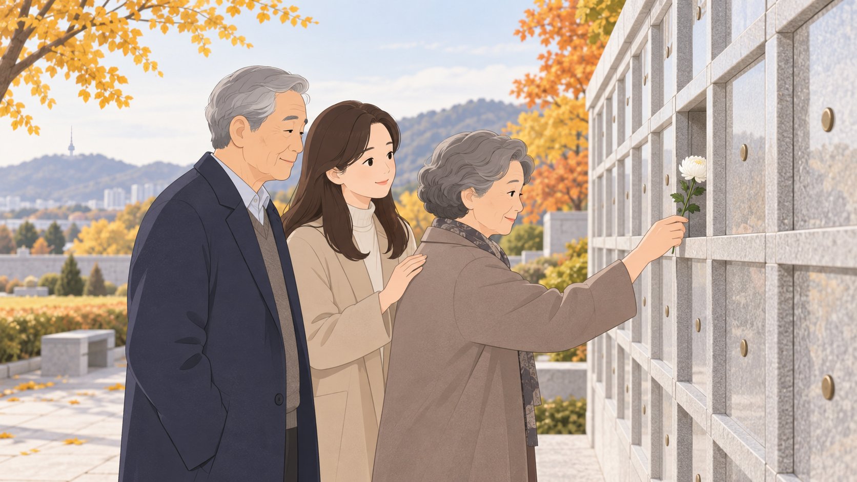 가을 추모공원 봉안담 앞에서 가족이 흰 꽃을 놓으며 참배하는 장면