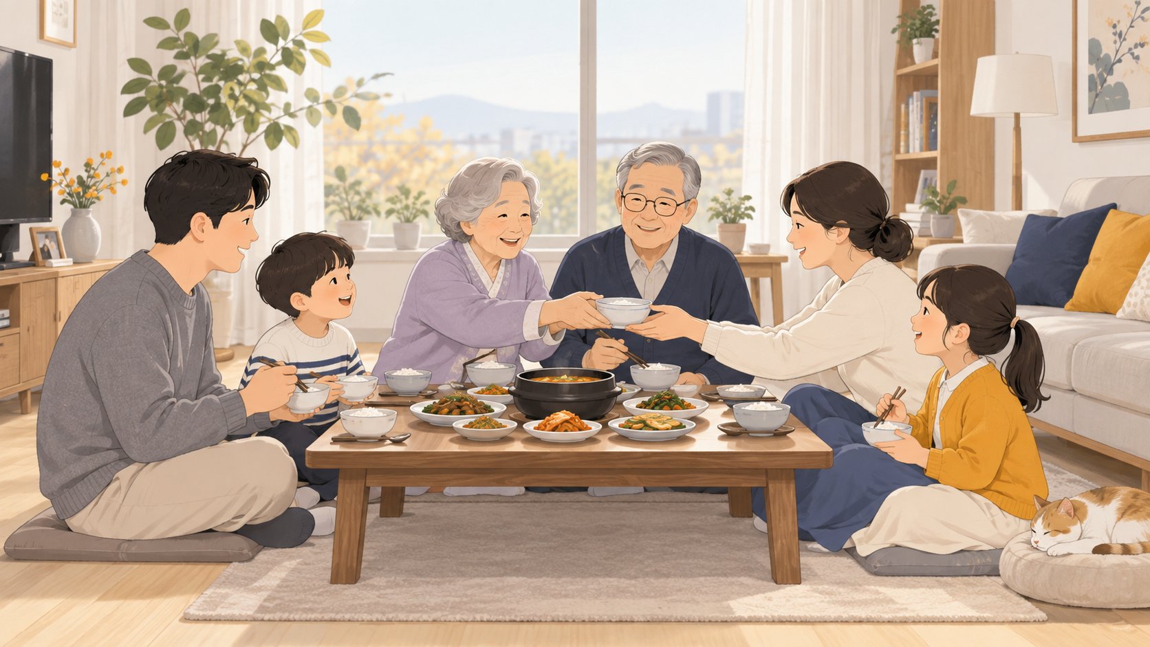 명절에 온 가족이 둘러앉아 식사를 나누며 이야기하는 거실 장면