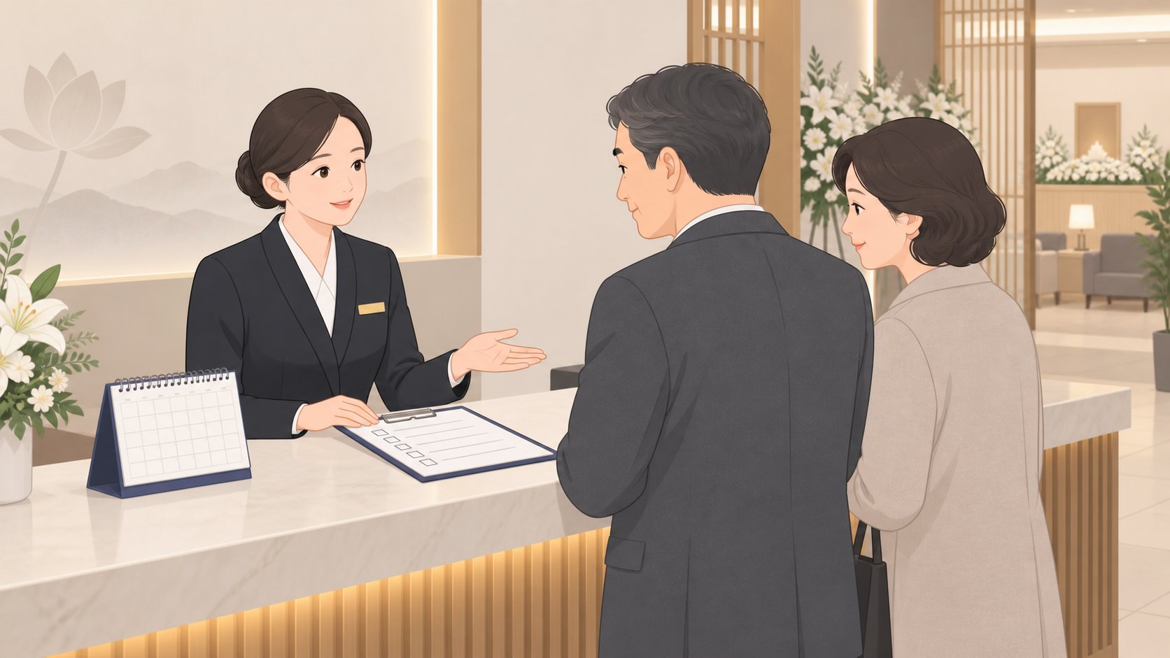 장례식장 안내데스크에서 직원이 유족에게 빈소 조건을 설명하는 모습