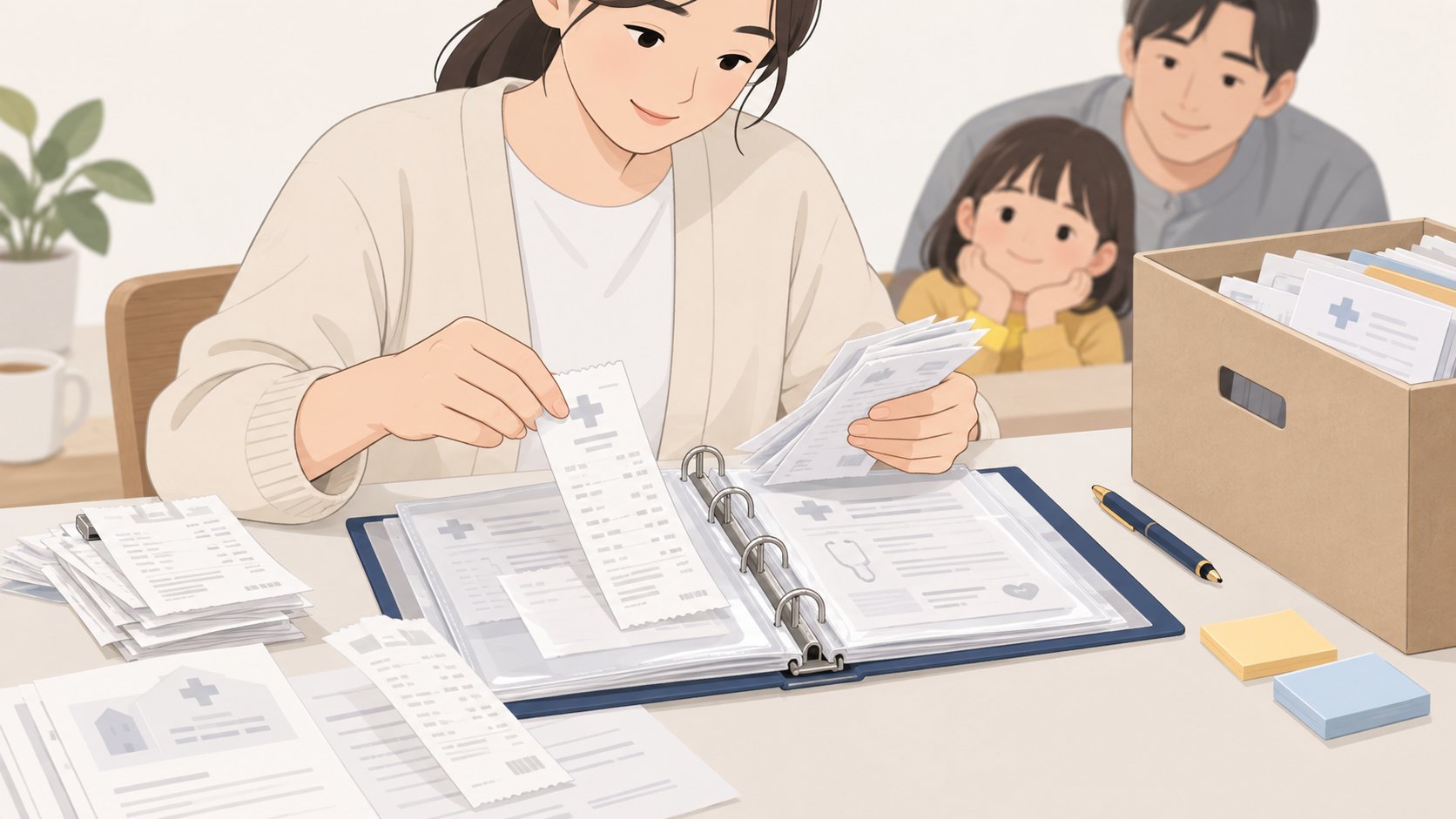 병원 영수증과 서류를 링바인더에 정리하며 간병 기록을 모으는 손