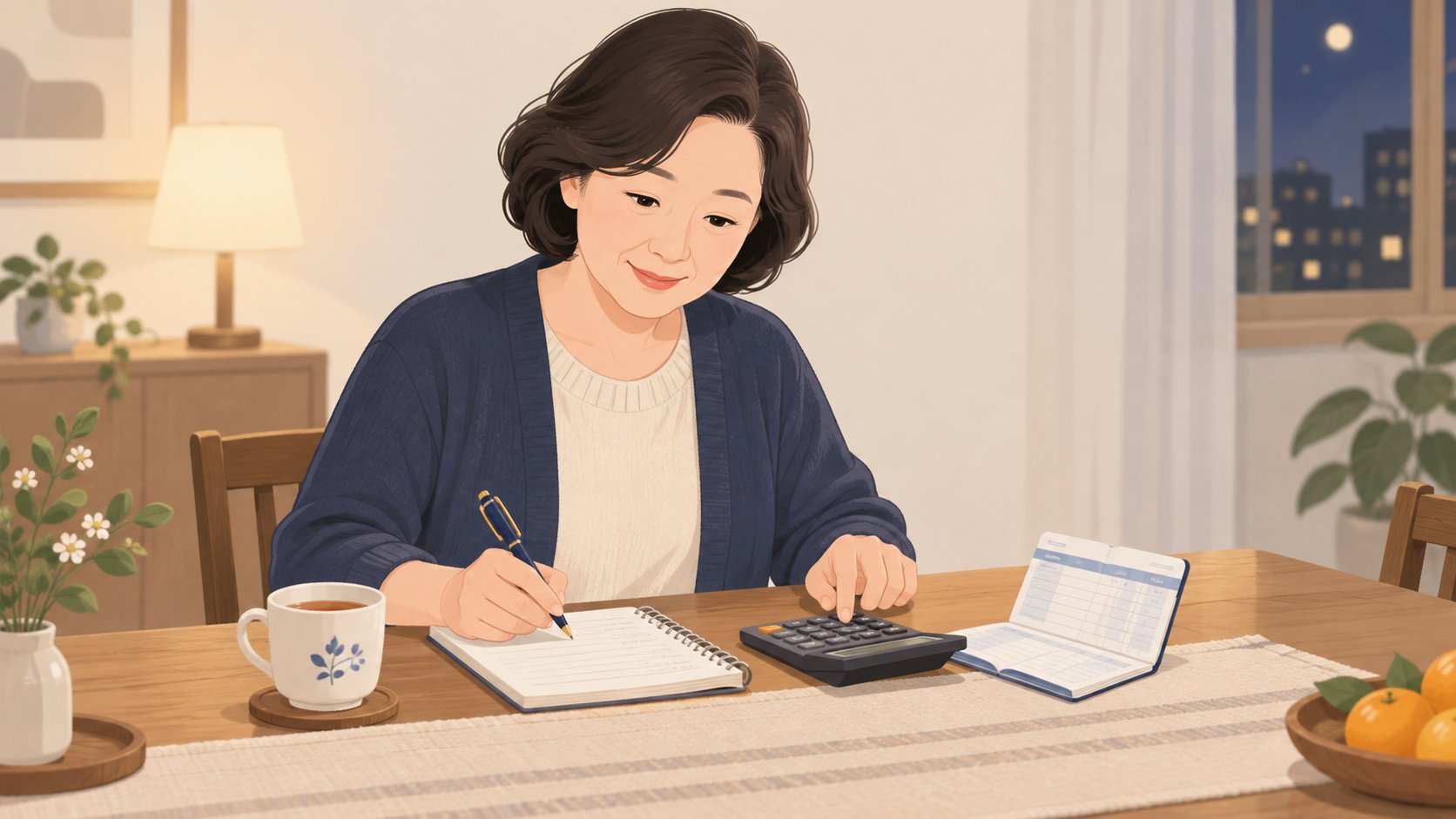 식탁에서 계산기와 통장, 메모지를 놓고 상속 금액을 적어 보는 중년 여성