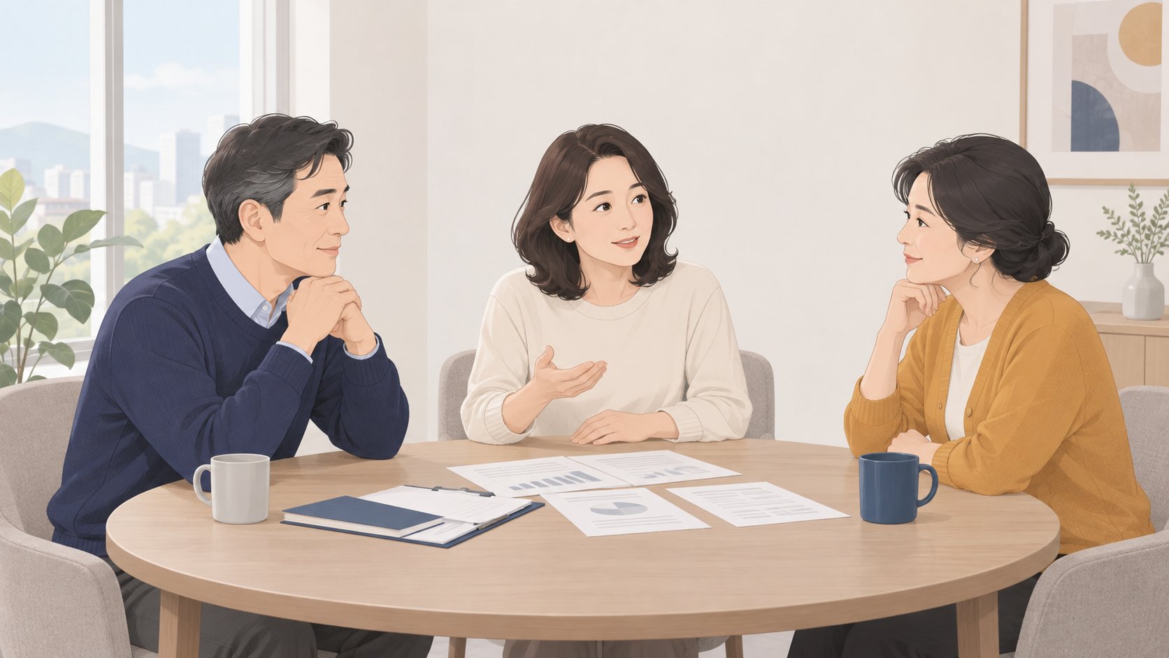 형제 세 명이 원탁에 마주 앉아 상속 문제를 차분히 상의하는 모습