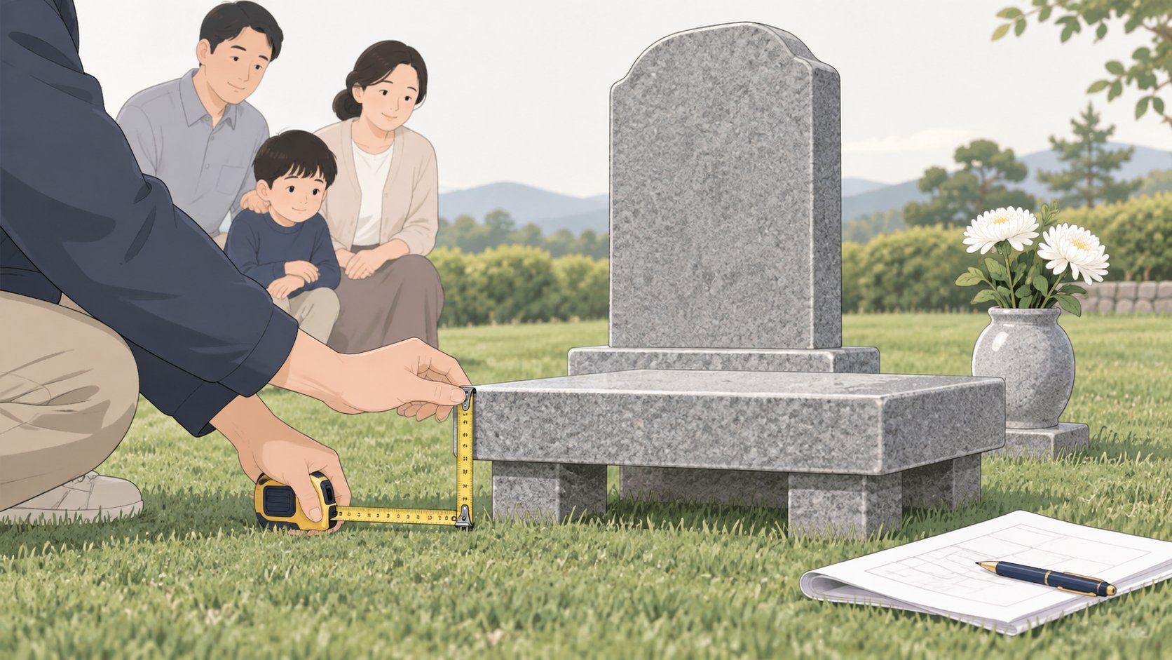 잔디 위 비석과 상석 옆에서 줄자로 크기를 확인하는 손