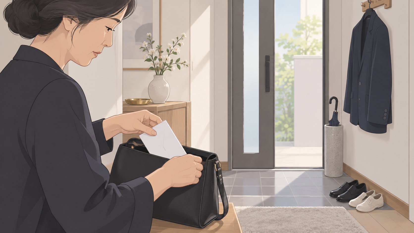 현관에서 흰 부의금 봉투를 가방에 넣어 준비하는 중년 여성의 손과 걸려 있는 단정한 어두운색 겉옷