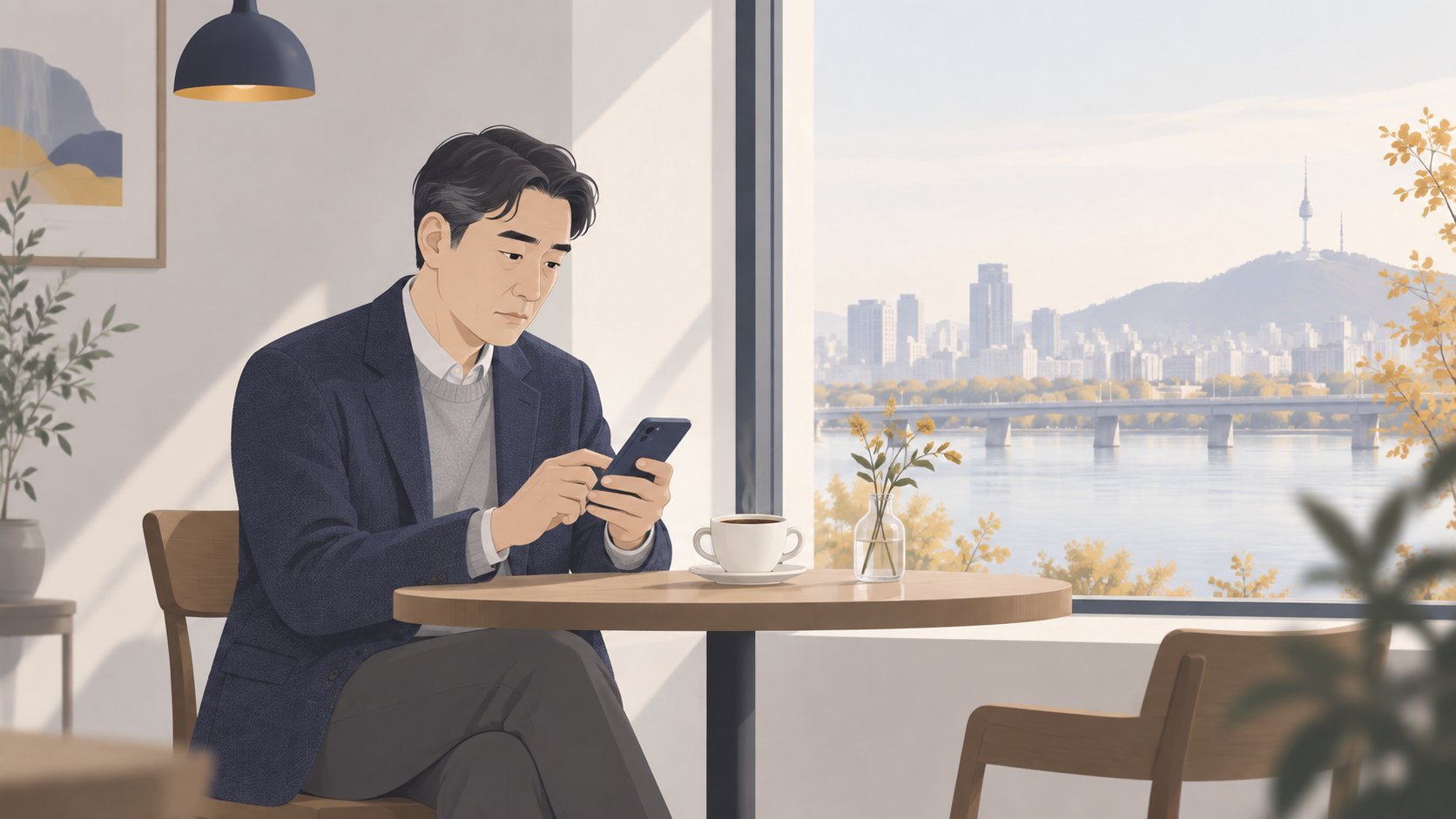 조용한 카페 창가에 앉아 상주에게 짧은 안부 문자를 보내는 중년 남성