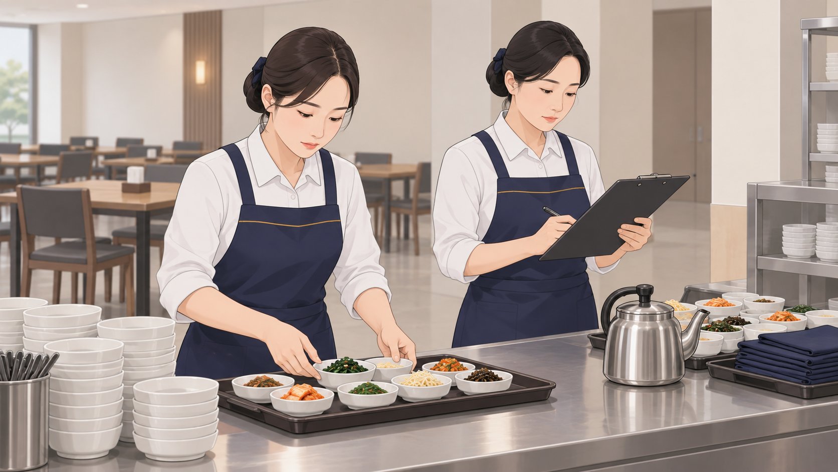 장례식장 접객실에서 앞치마를 두른 도우미 두 명이 상차림 순서를 서로 확인하며 준비하는 모습