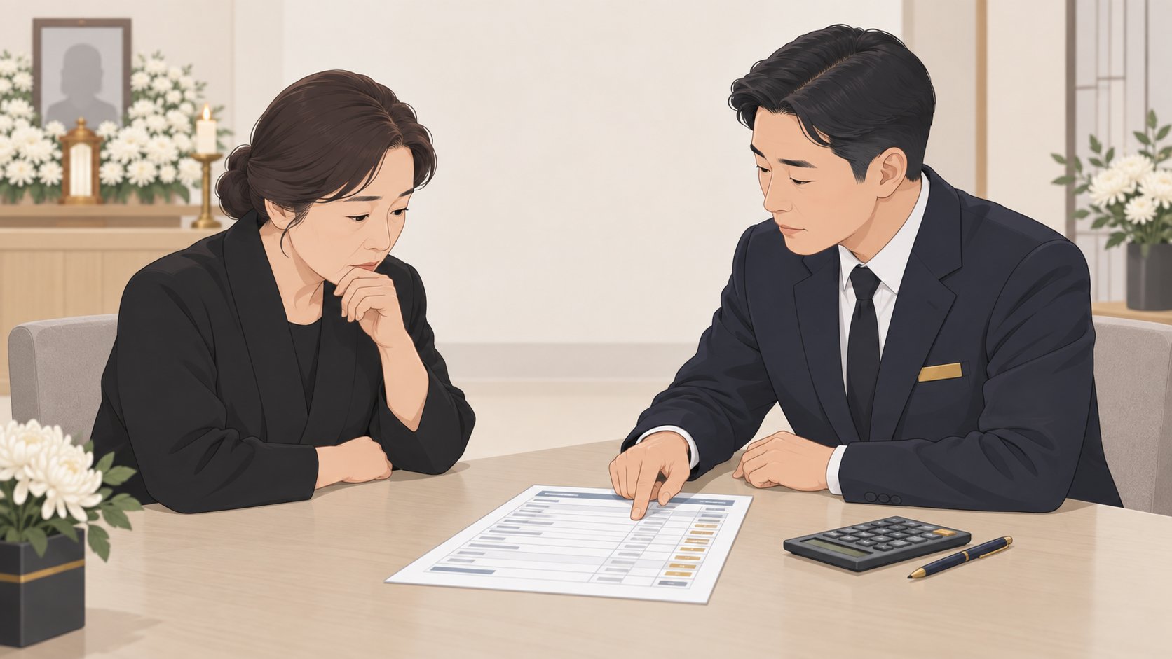 장례식장 상담 테이블에서 상주와 장례지도사가 비용 명세서를 펼쳐 놓고 항목을 하나씩 짚어 보는 장면