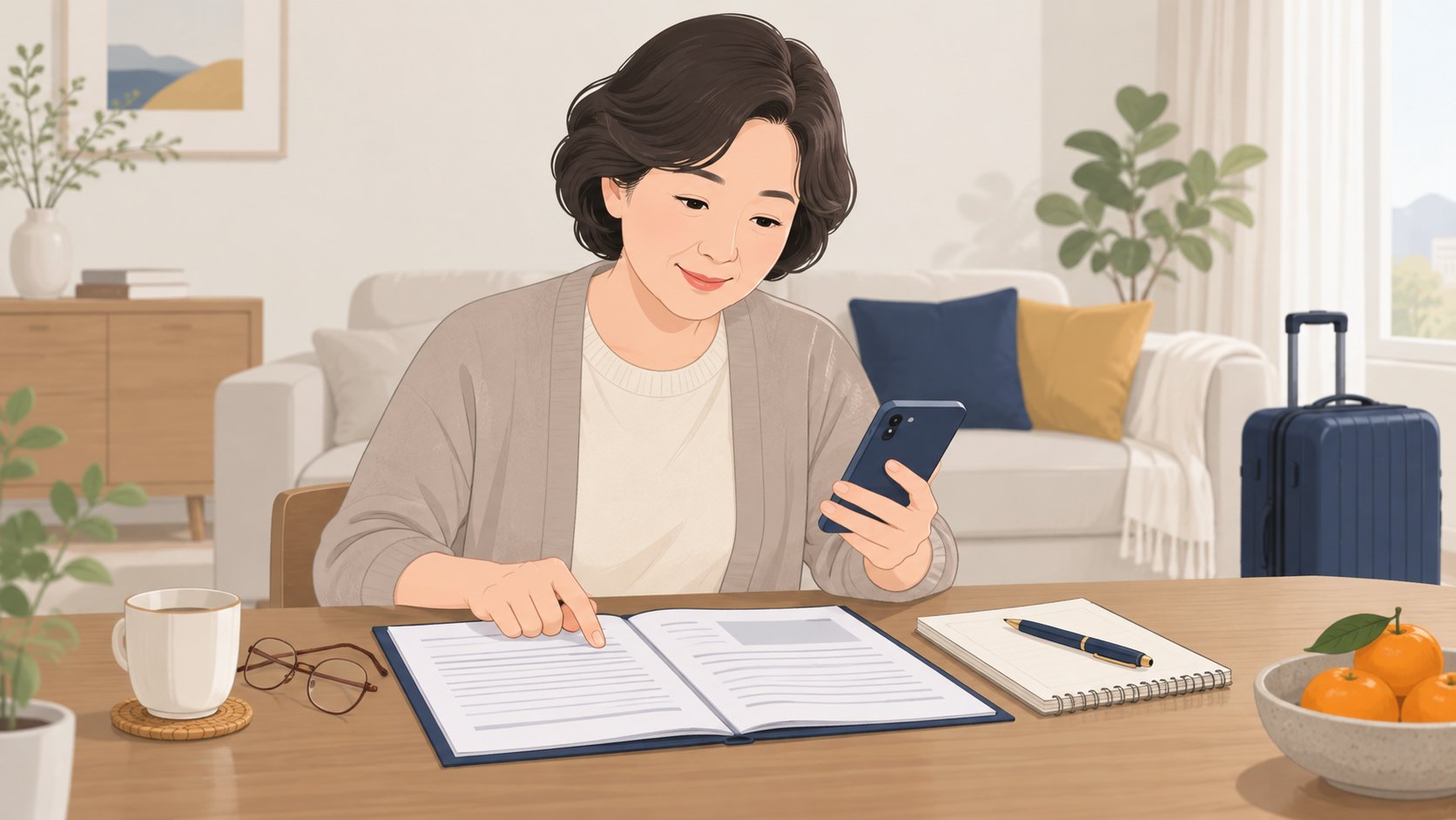 명절 전 거실 탁자에서 상조 계약서와 휴대폰을 나란히 놓고 내용을 확인하는 중년 여성