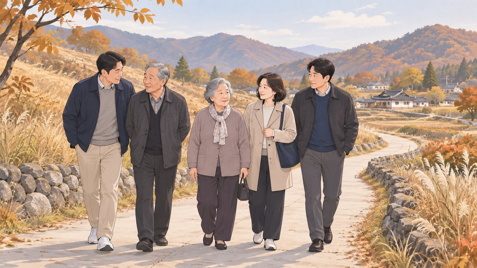 성묘를 마치고 가을 시골 마을 길을 함께 걸어 내려오며 이야기를 나누는 노년 부모와 중년 자녀