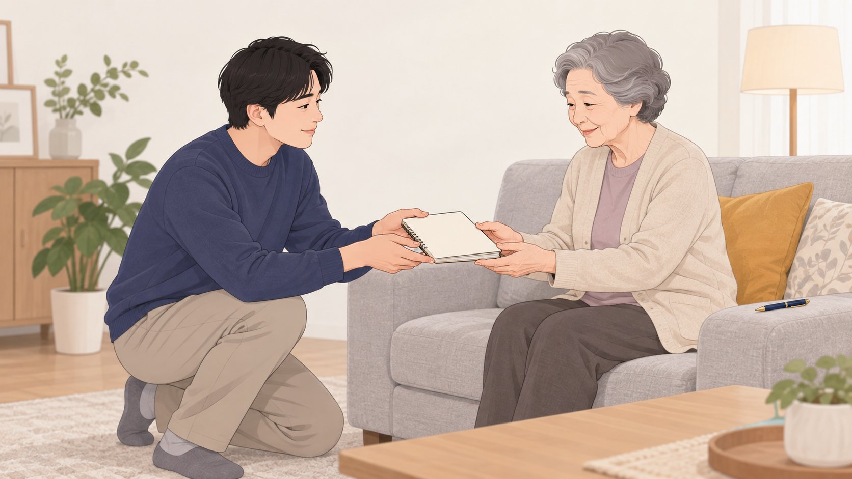 거실 소파에 앉은 노년 부모에게 자녀가 작성 양식 노트를 두 손으로 조심스럽게 건네는 모습
