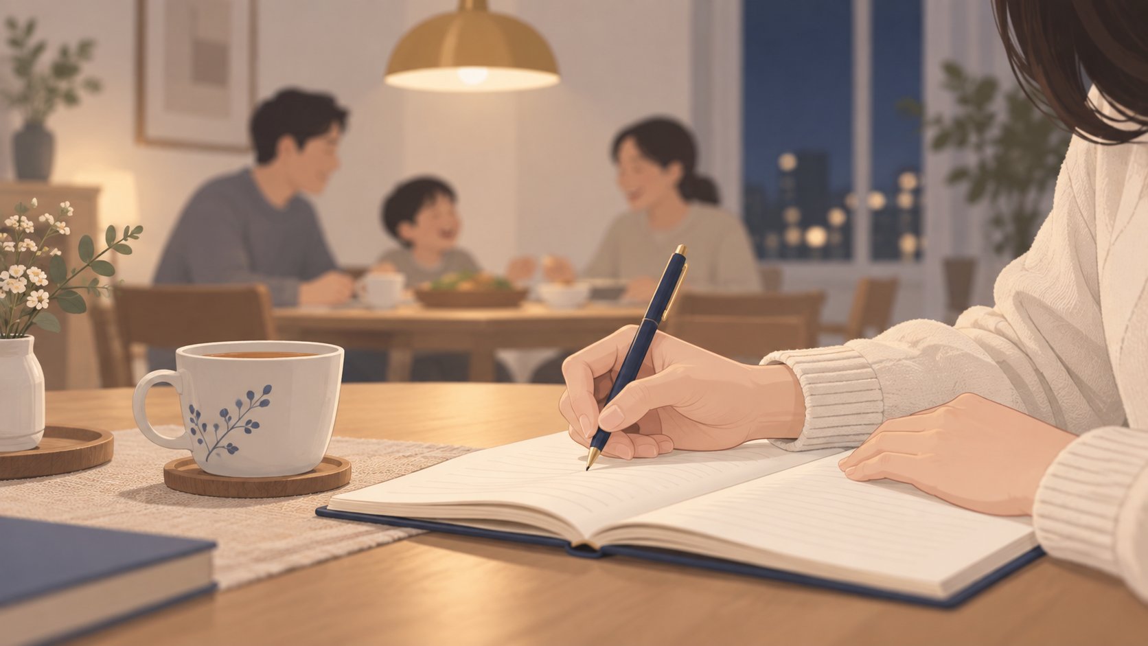 밤 식탁에서 가족이 상의한 내용을 노트에 정리해 적는 중년 자녀의 손과 따뜻한 조명