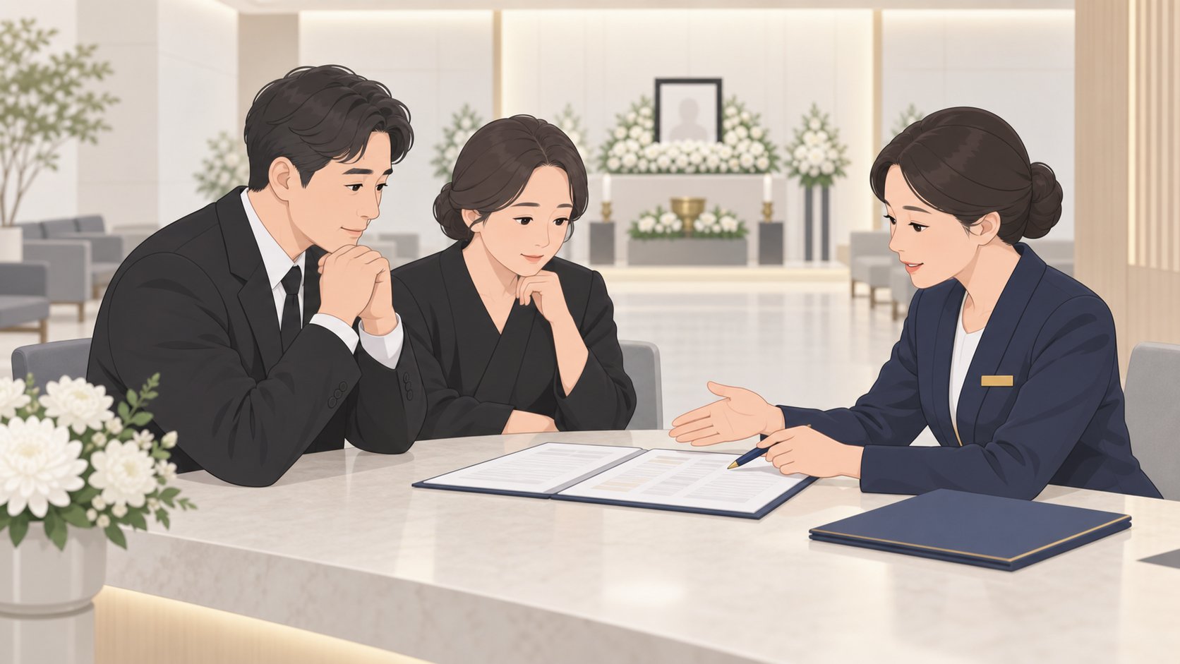 장례식장 안내데스크에서 직원과 마주 앉아 서류를 확인하며 빈소 일정을 정하는 유족
