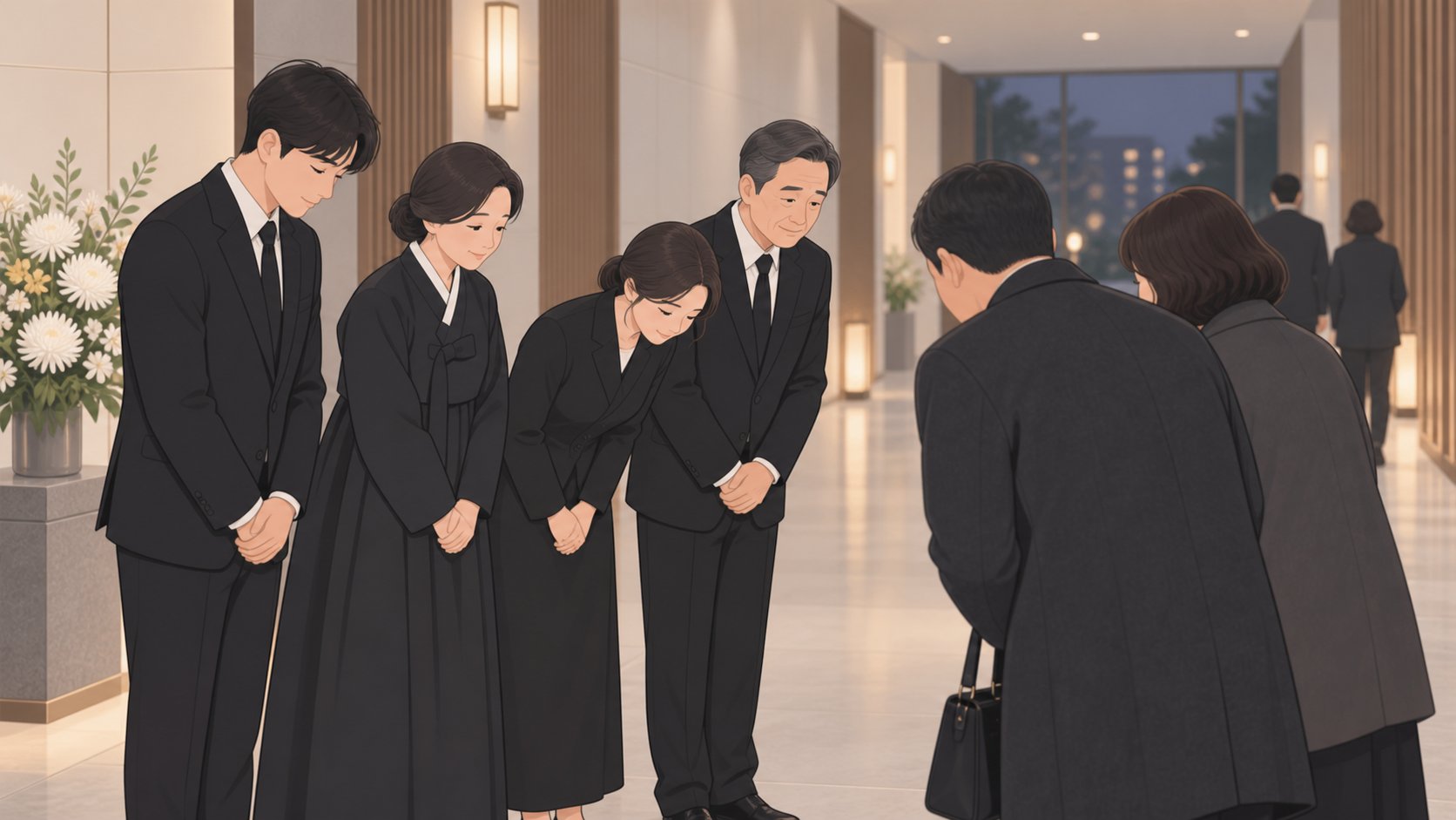 단정한 빈소 복도에서 조문객을 맞이하며 인사를 나누는 상주와 가족