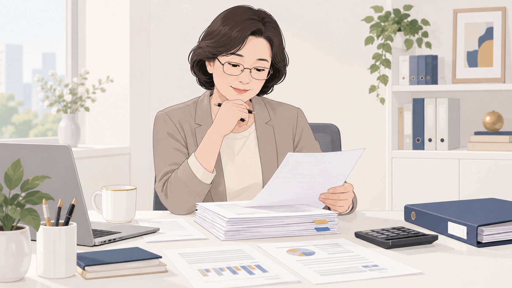 밝은 사무실 책상에서 사업 서류와 재무 자료를 돋보기 안경을 쓰고 확인하는 중년 여성