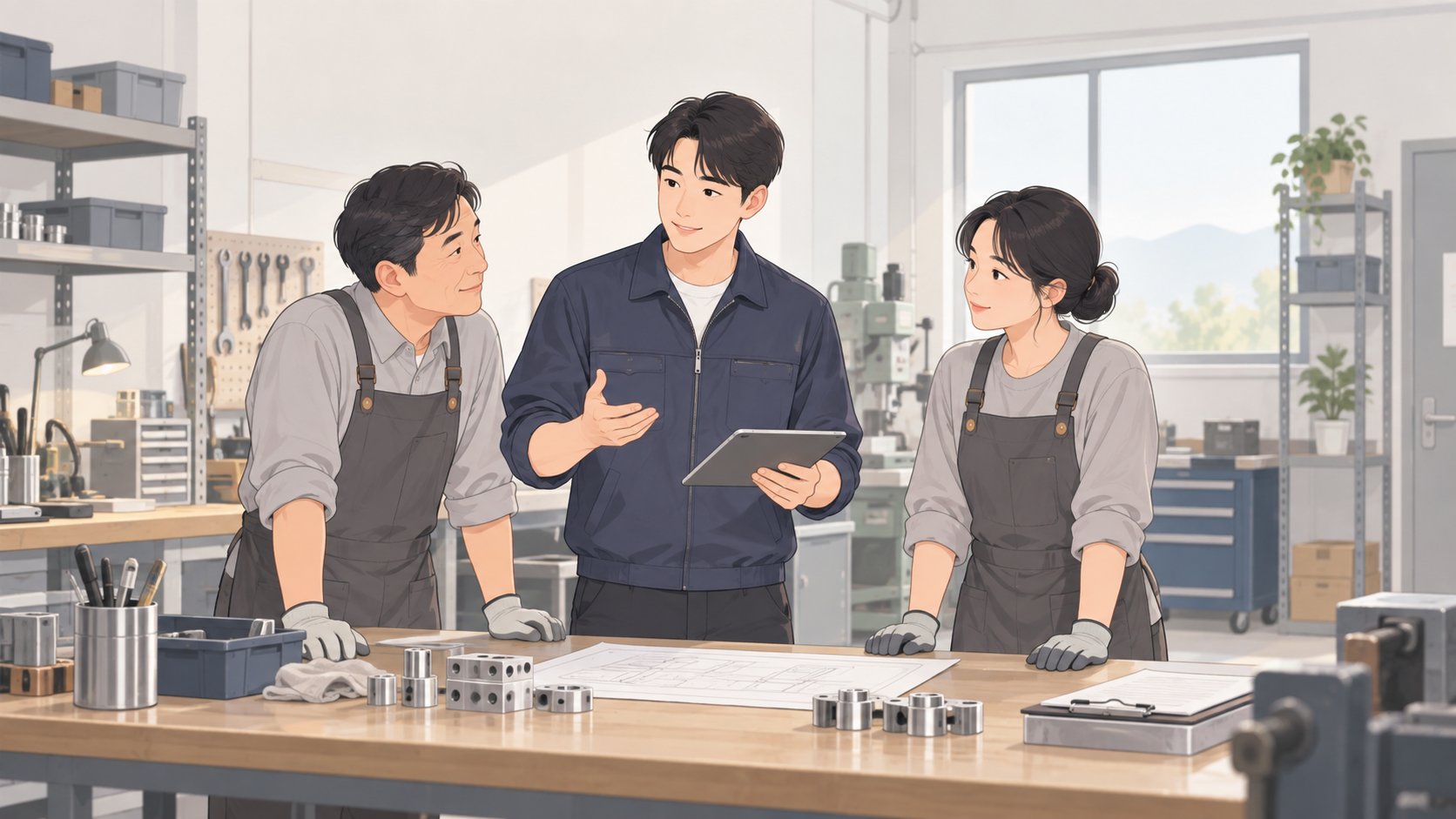 작업복 차림의 젊은 대표가 소규모 공장 현장에서 직원들과 작업 일정을 이야기하는 모습