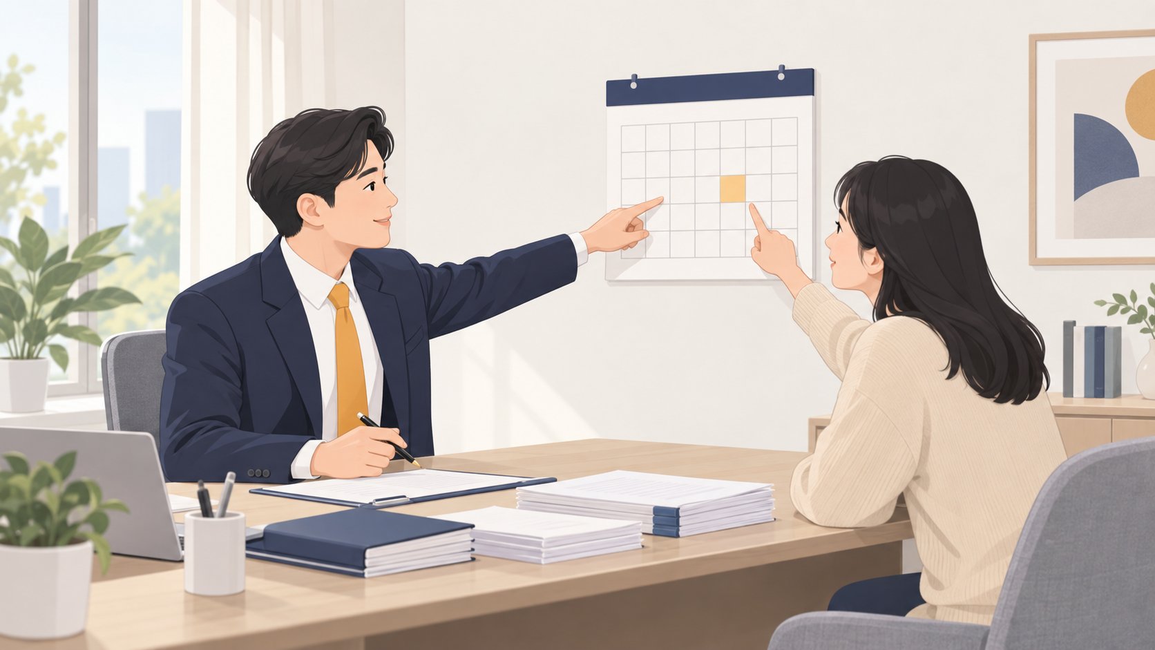 상담실 책상에서 세무 상담을 받으며 달력의 신고 기한을 함께 확인하는 유족과 상담사