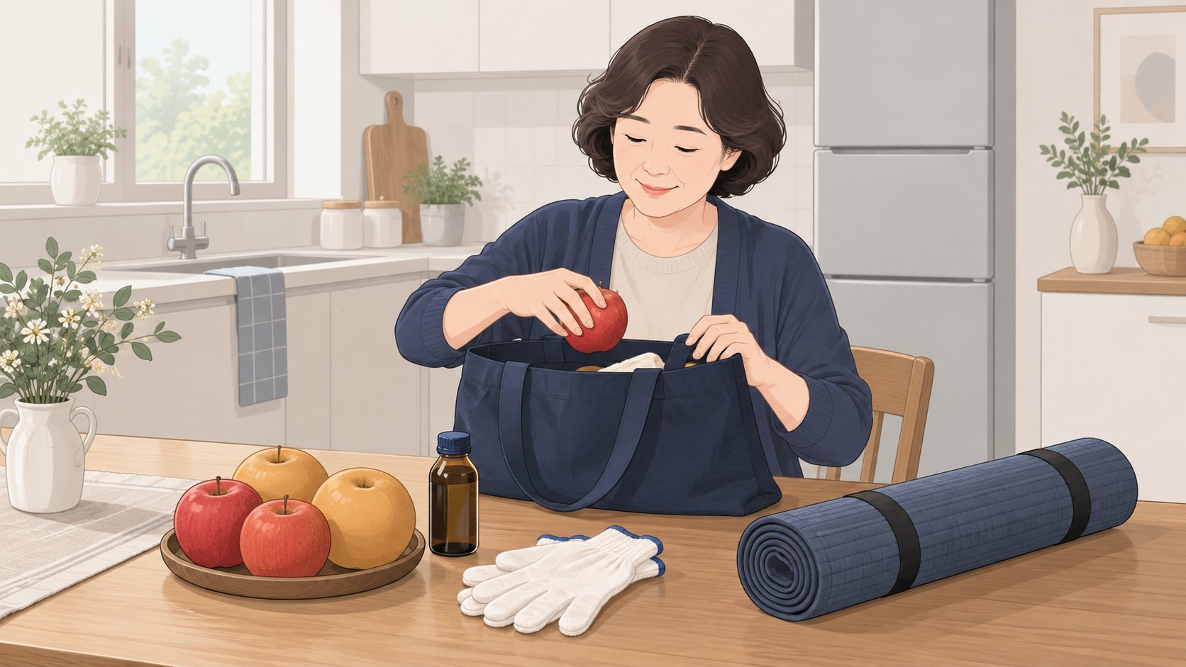 부엌 식탁에서 과일과 작은 술병, 돗자리와 장갑을 성묘 가방에 챙기는 중년 여성
