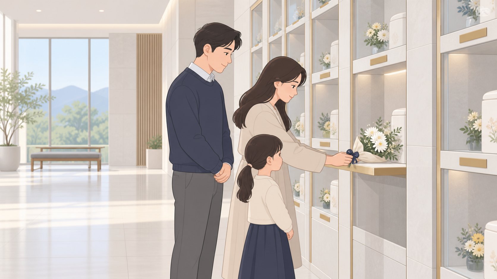 실내 봉안당 참배실에서 꽃 한 다발을 놓고 조용히 인사를 드리는 유족