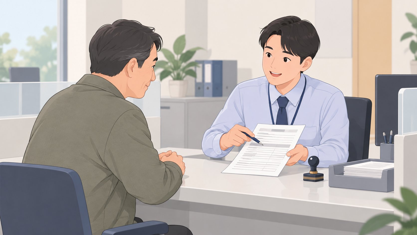 시군구청 세무 창구에서 직원이 상속인에게 취득세 신고 서류를 설명하는 모습