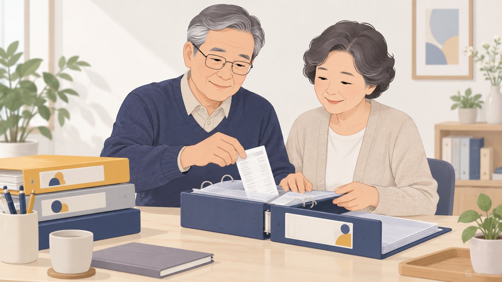 납부 영수증을 서류철에 끼워 보관하는 노년 부부의 손