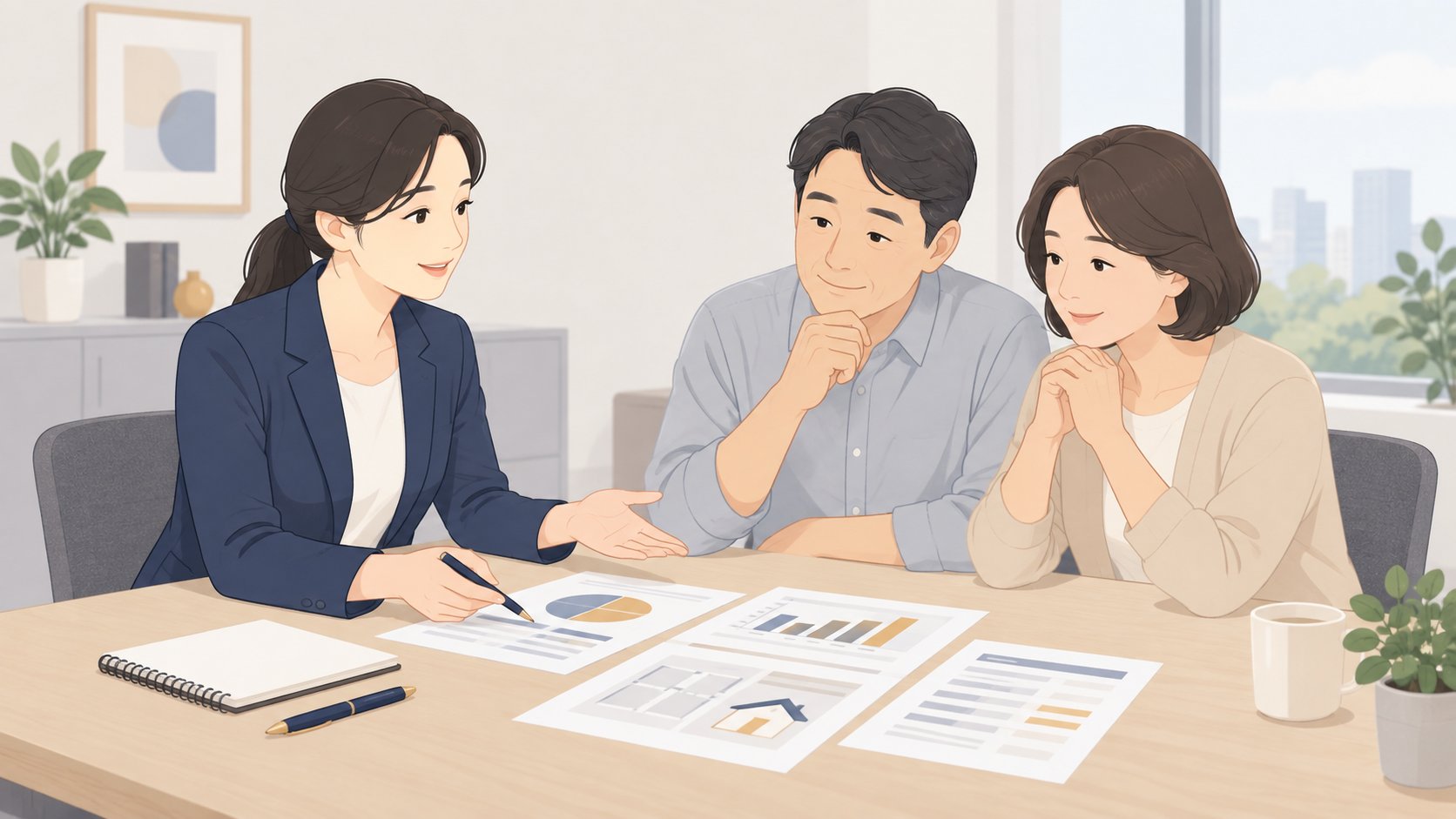 상담실에서 상담사가 서류를 펼쳐 놓고 중년 부부에게 공제 요건을 설명하는 모습