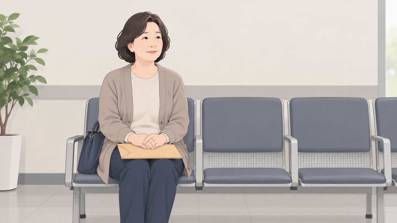 세무서 대기 의자에 앉아 서류 봉투를 무릎에 올려 두고 차례를 기다리는 중년 여성