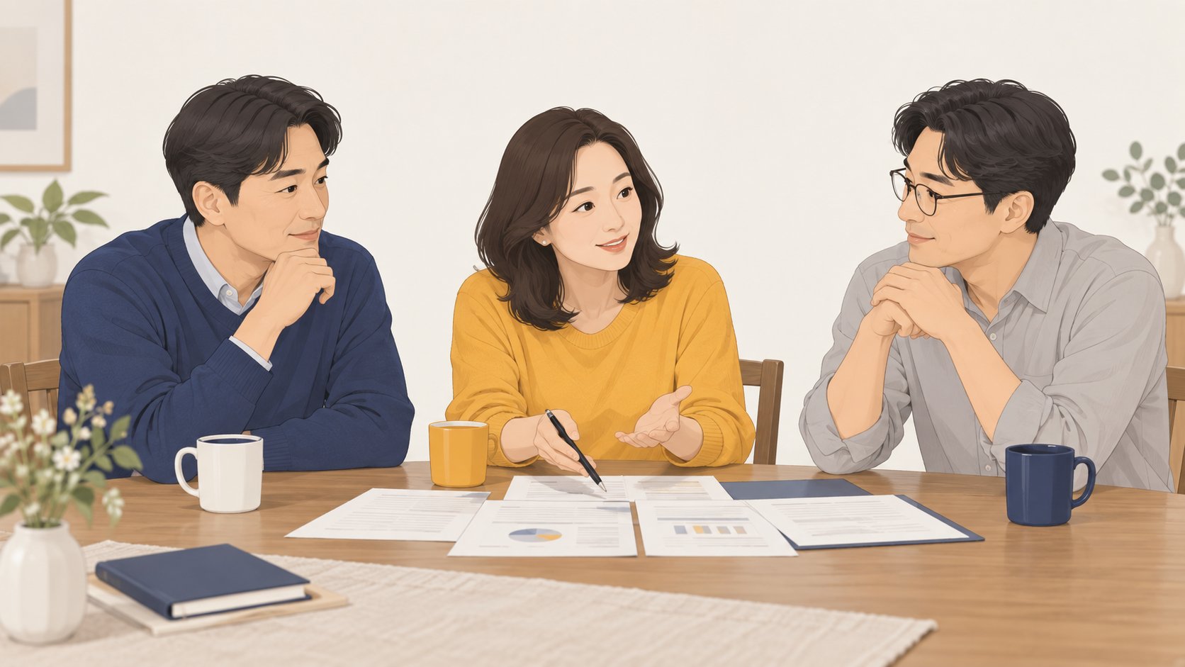 식탁에 모여 앉아 서류를 가운데 두고 납부 방식을 의논하는 성인 형제 세 사람