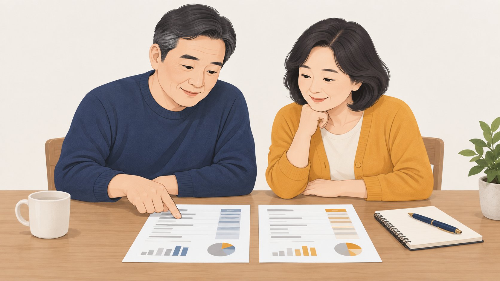 가족 두 사람이 탁자에서 장례식장 두 곳의 비용 안내 자료를 나란히 놓고 손으로 짚어 가며 비교하는 모습