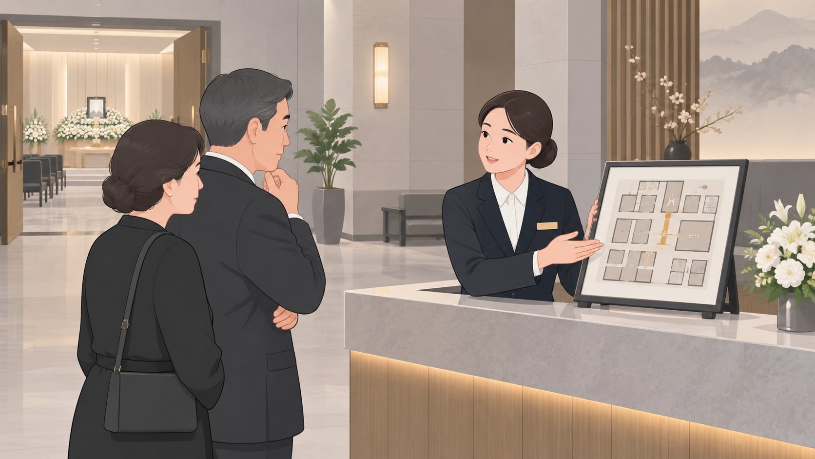 장례식장 안내데스크에서 직원이 중년 부부에게 빈소 배치도를 설명하는 모습