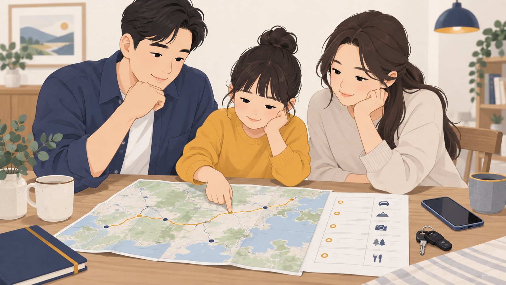 가족 세 사람이 탁자에 지도와 일정표를 펼쳐 놓고 이동 경로를 손끝으로 따라가며 확인하는 모습
