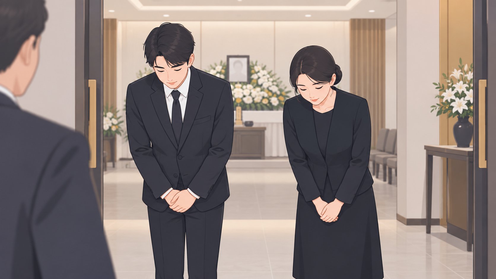 검은 옷차림의 성인 손자녀 두 사람이 빈소 입구에서 도착한 조문객에게 가볍게 인사하는 모습